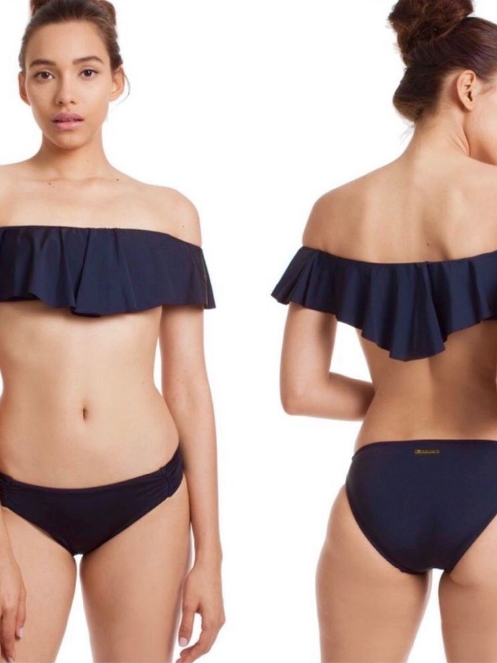Trina Turk Navy Off-Shoulder Bandeau Ruffle Bikini set